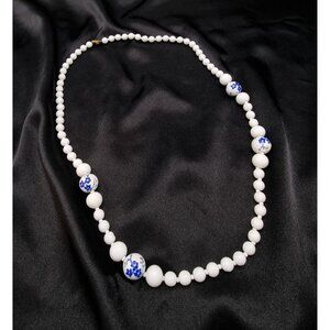 Vintage Miriam Haskell 1950s White Beaded Necklace With Blue Floral Beads